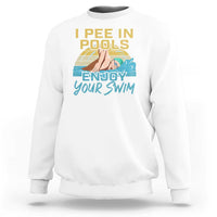 White sweatshirt with pool-themed quote graphic on the chest.