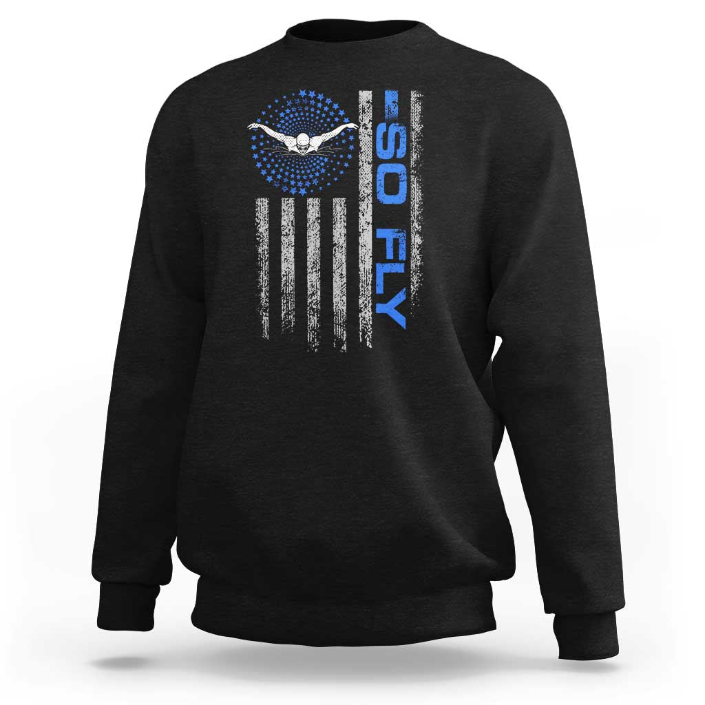 Black crewneck sweatshirt with So Fly USA aquatic team graphic on back