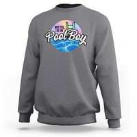 Charcoal gray sweatshirt with “Pool Boy” pool-themed graphic on the chest.