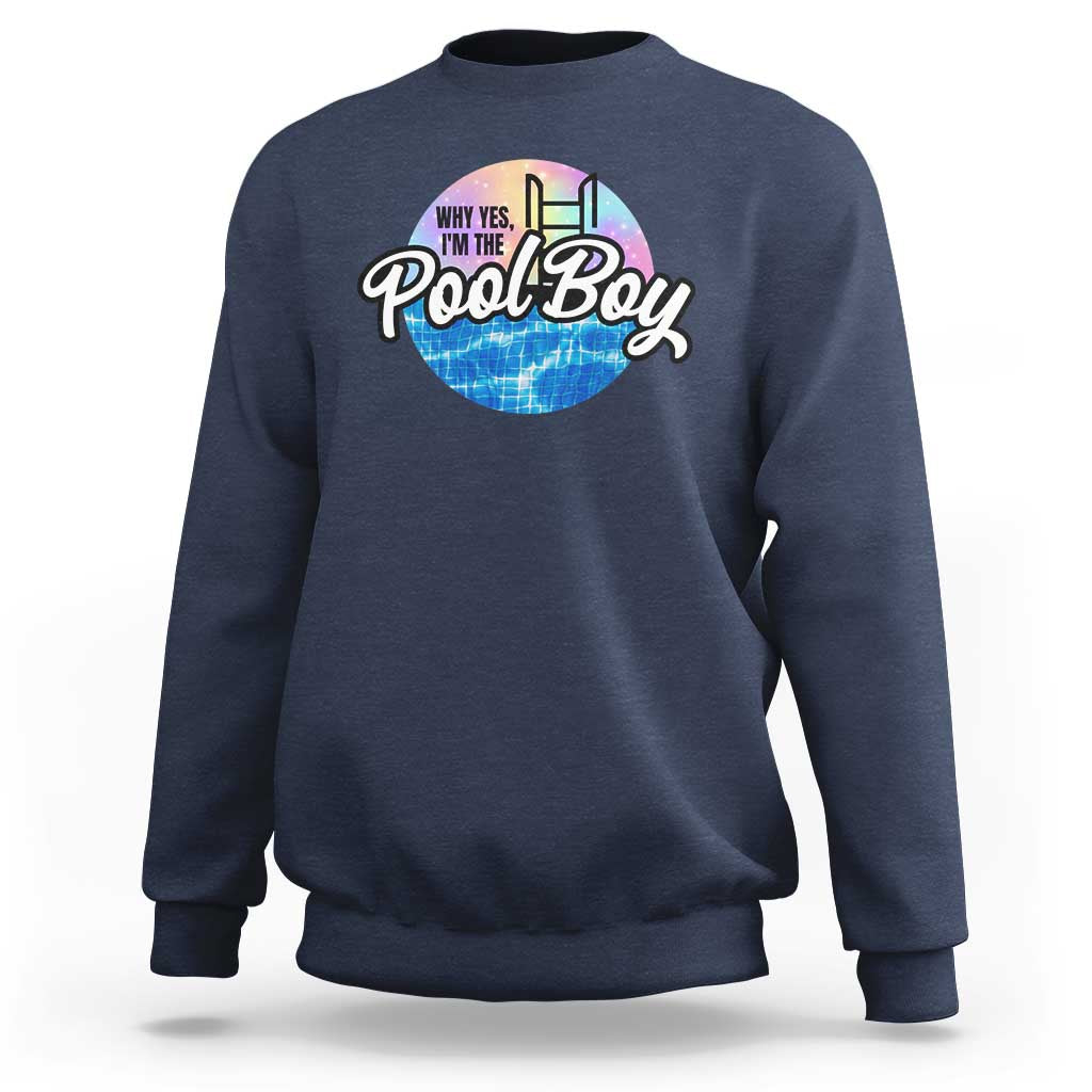 Navy blue sweatshirt with “Pool Boy” pool-themed graphic on the chest.