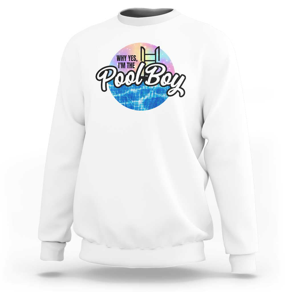 White sweatshirt with “Pool Boy” pool-themed graphic on the chest.