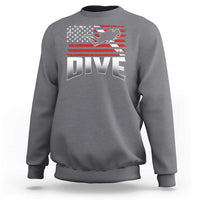 Heather gray crewneck sweatshirt with American flag diver graphic and “DIVE” print