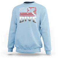 Light blue crewneck sweatshirt with American flag diver graphic and “DIVE” print
