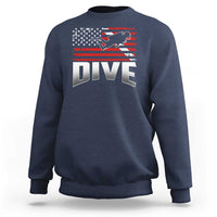 Blue crewneck sweatshirt with American flag diver graphic and bold “DIVE” lettering