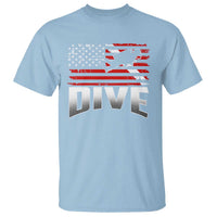 Light blue diving T-shirt with diver silhouette, red American flag graphic, and “DIVE” print