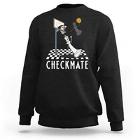 Black crewneck sweatshirt with checkmate chess-basketball graphic on front