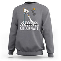 Charcoal gray crewneck sweatshirt with checkmate chess-basketball graphic on front