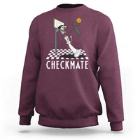 Maroon crewneck sweatshirt with checkmate chess-basketball graphic on front