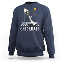 Dark navy crewneck sweatshirt with checkmate chess-basketball graphic on front