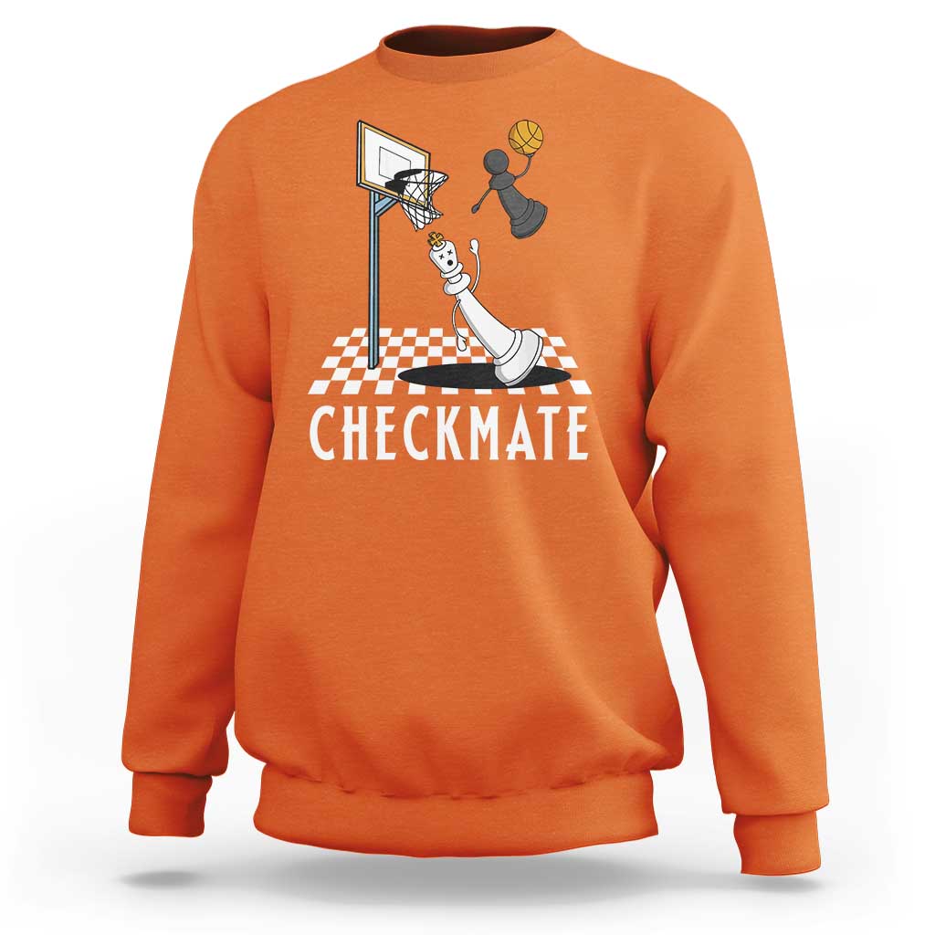 Orange crewneck sweatshirt with checkmate chess-basketball graphic on front