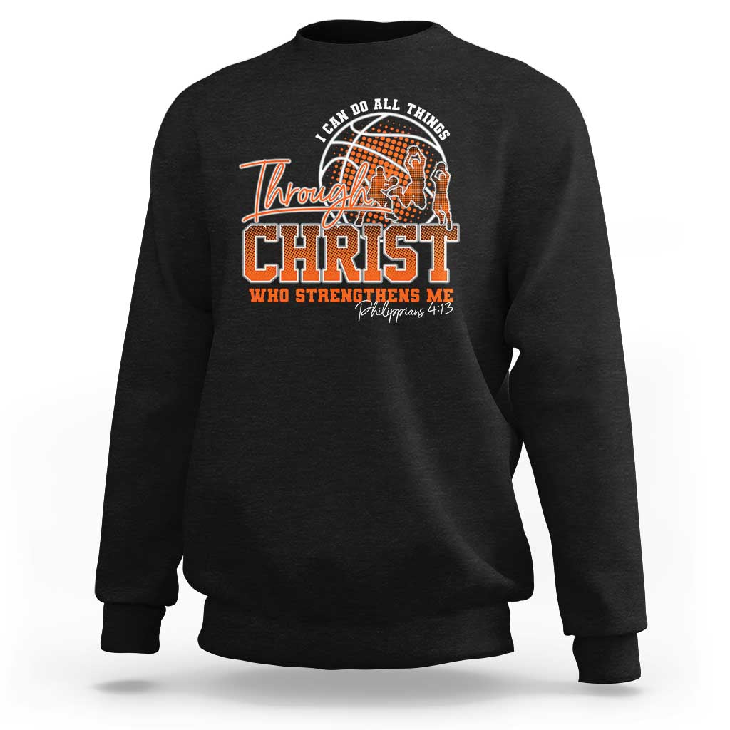 Black crewneck sweatshirt with Through Christ basketball graphic