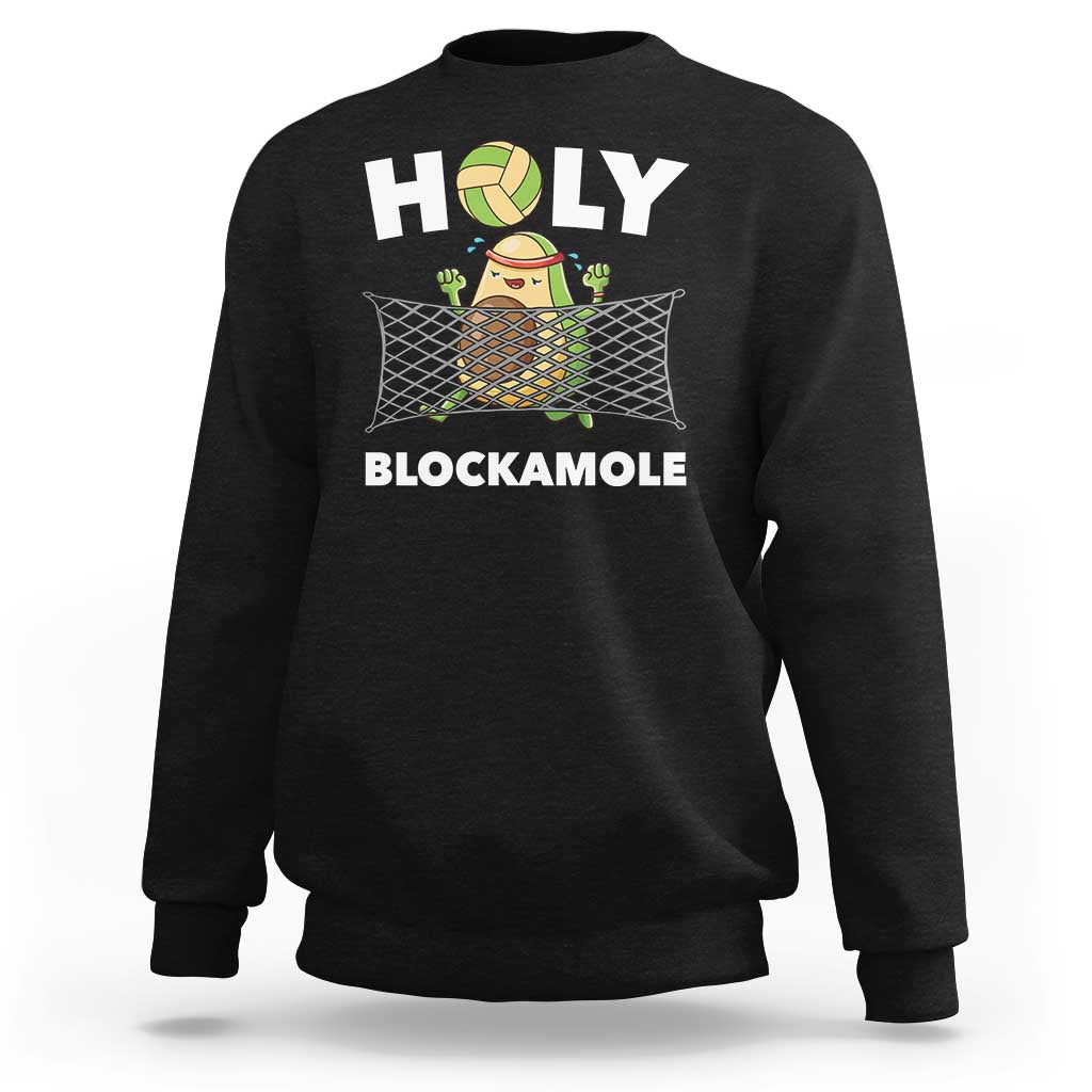 Black crewneck sweatshirt with front “HOLY” and “BLOCKAMOLE” volleyball graphic