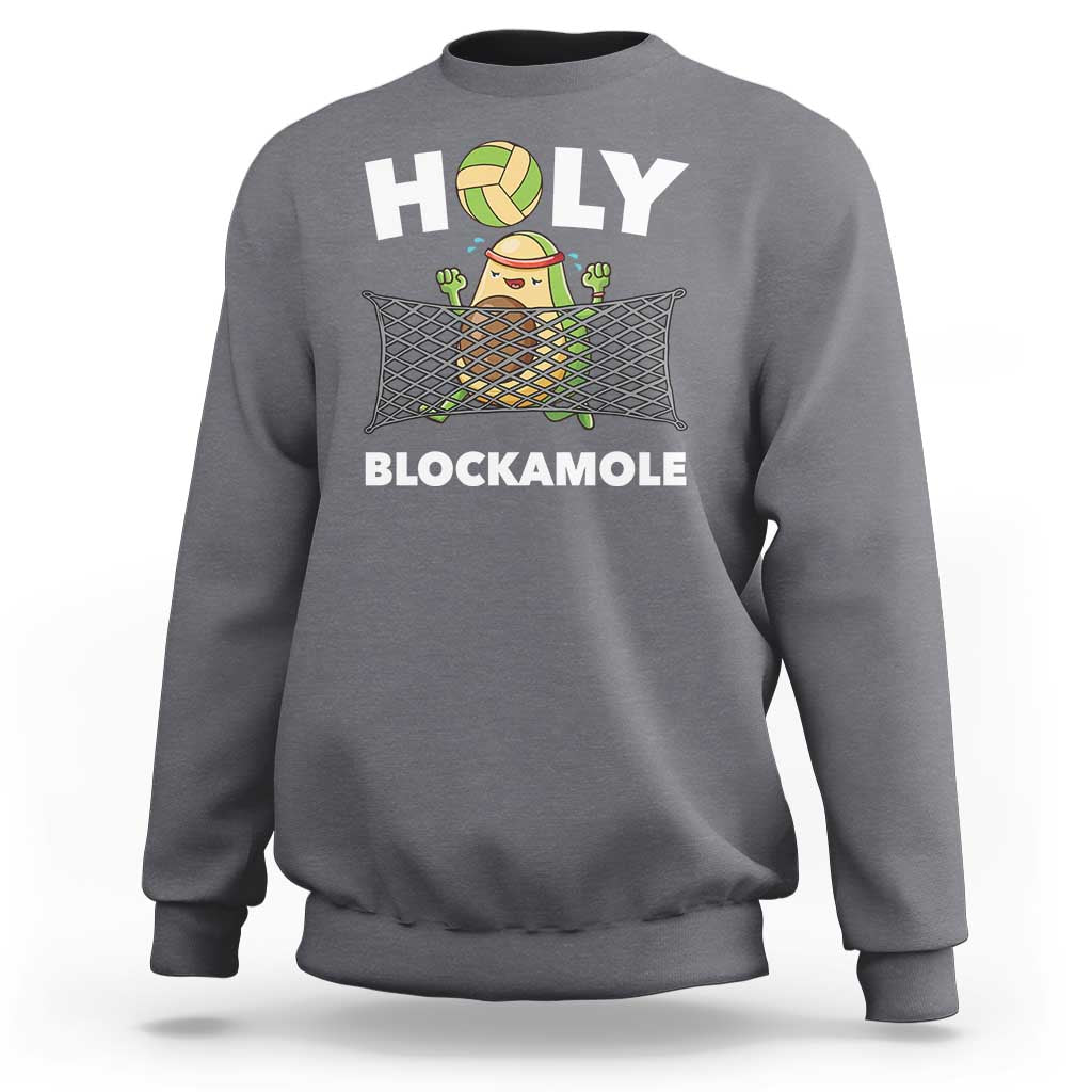 Charcoal gray crewneck sweatshirt with front “HOLY” and “BLOCKAMOLE” volleyball graphic