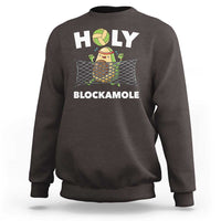 Dark chocolate brown crewneck sweatshirt with front “HOLY” and “BLOCKAMOLE” volleyball graphic