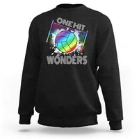 Black crewneck sweatshirt with front volleyball 'One Hit Wonders' graphic.