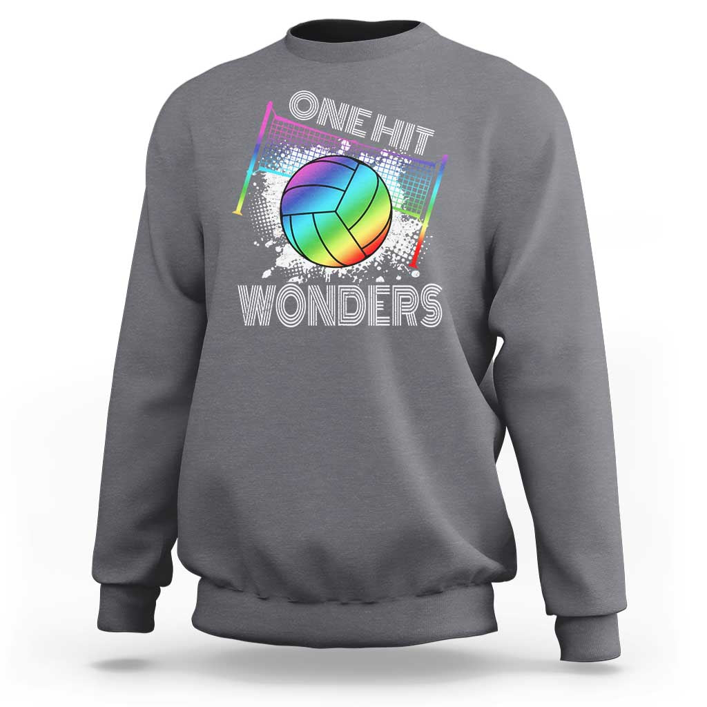 Charcoal crewneck sweatshirt with front volleyball 'One Hit Wonders' graphic.