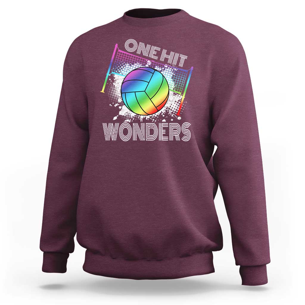 Maroon crewneck sweatshirt with front volleyball 'One Hit Wonders' graphic.
