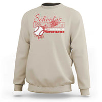 Sand beige crewneck sweatshirt with baseball-themed “School’s Important” graphic on chest