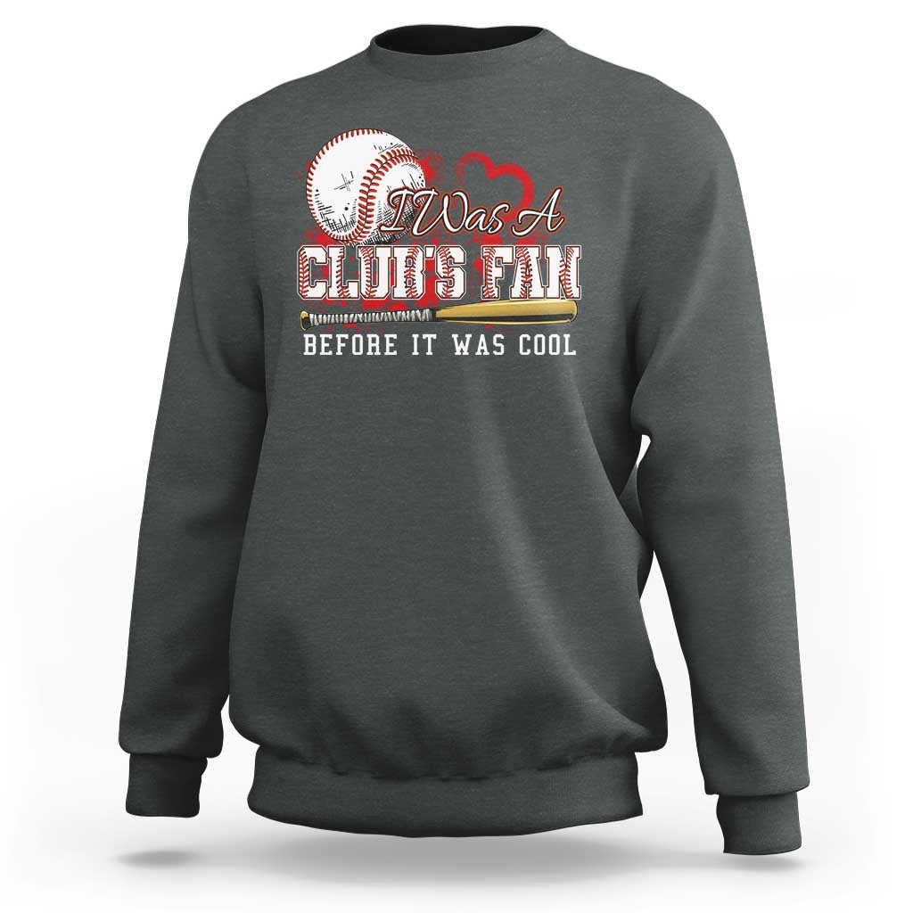 Dark gray baseball fan sweatshirt, crewneck, long sleeves, front graphic slogan