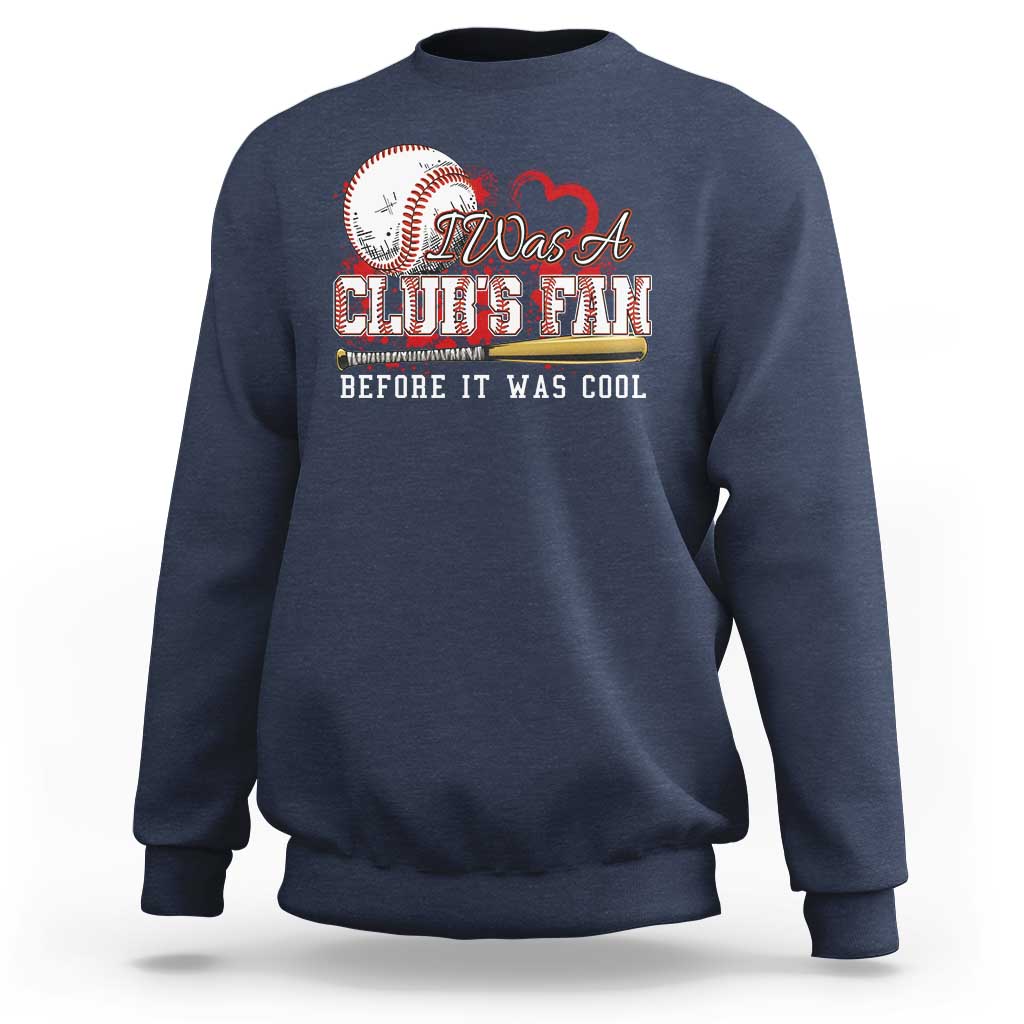 Navy baseball fan sweatshirt, crewneck, long sleeves, front graphic slogan