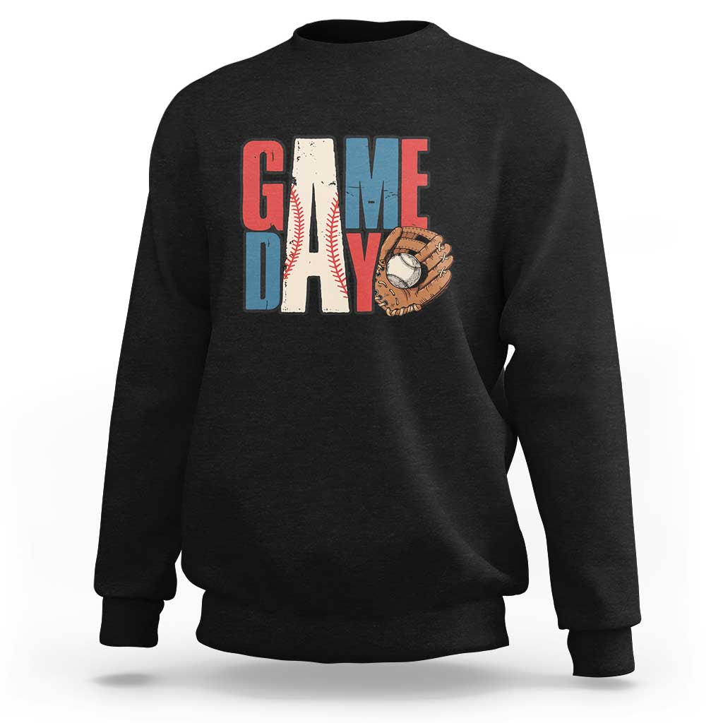 Black sweatshirt with GAME DAY print and baseball glove graphic