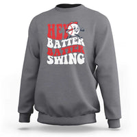 Charcoal baseball sweatshirt with “Hey Batter Batter Swing” graphic on chest