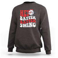 Dark chocolate baseball sweatshirt with “Hey Batter Batter Swing” graphic on chest