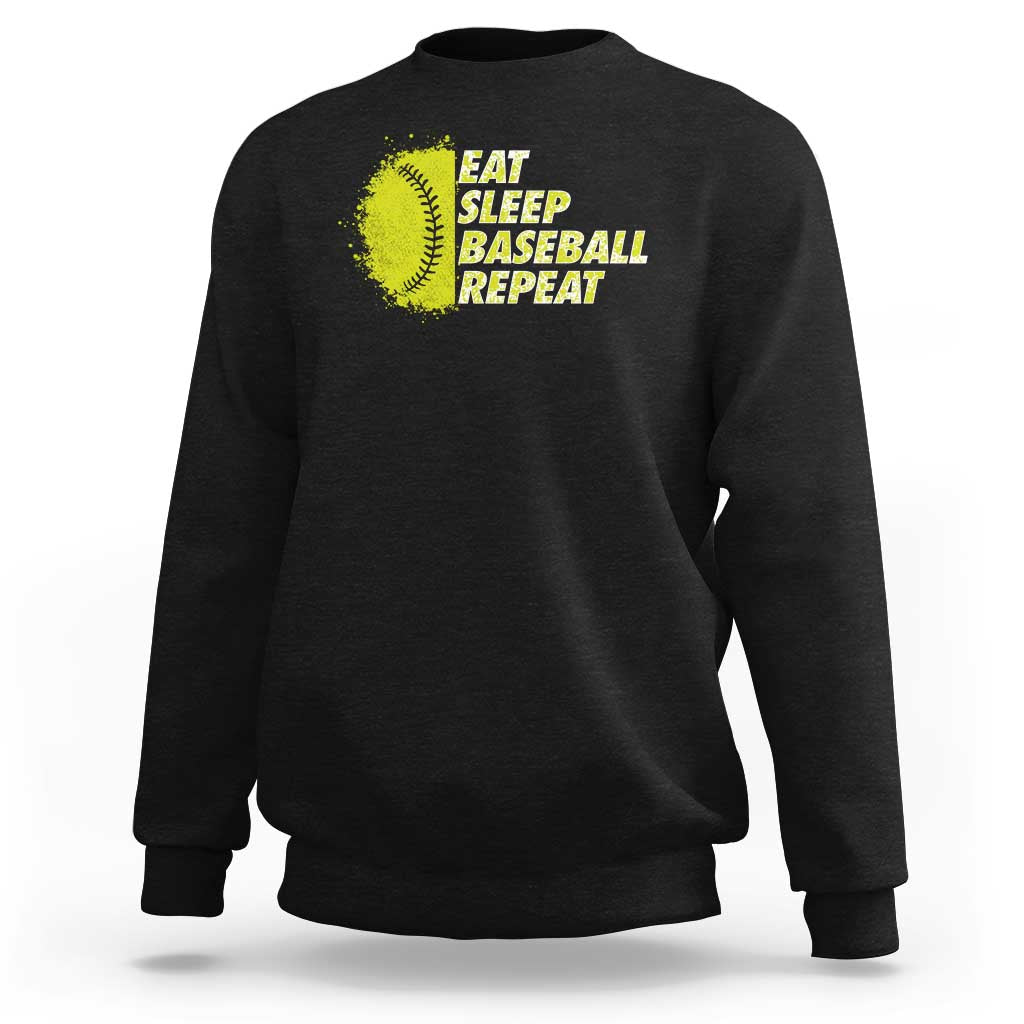 Black crewneck sweatshirt with yellow baseball graphic and stacked lettering on the chest.