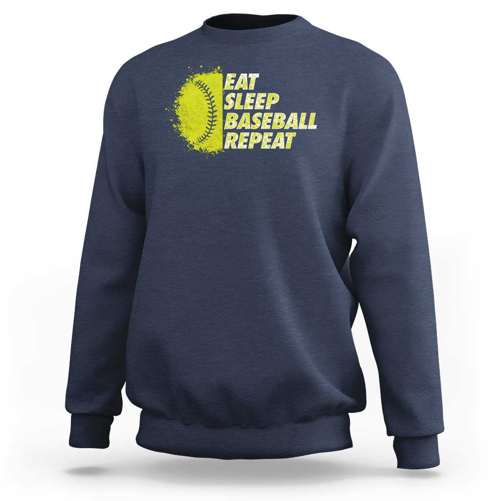 Navy crewneck sweatshirt with yellow baseball graphic text on the chest.
