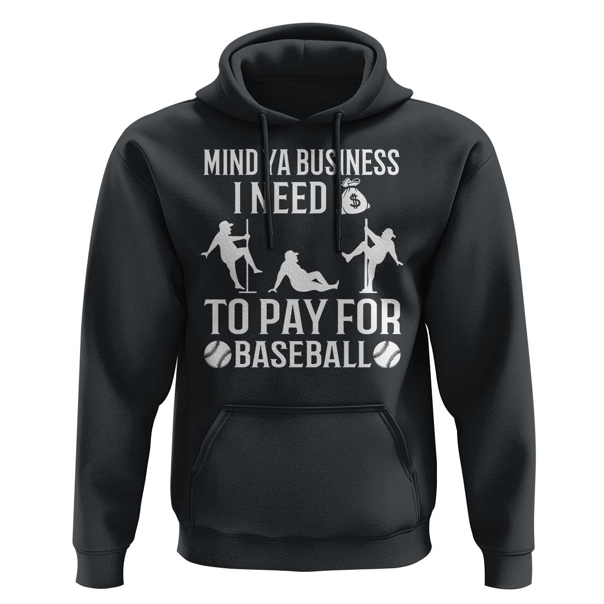 Black hoodie with “Mind Ya Business” baseball graphic, front pocket and hood