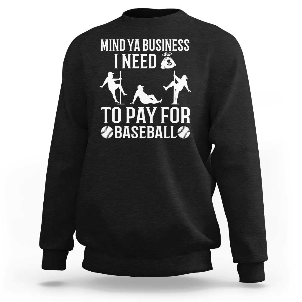 Black baseball sweatshirt with white “Mind Ya Business” text and baseball player graphic