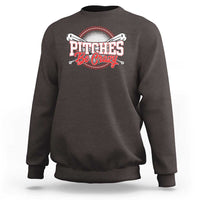 Charcoal crewneck baseball sweatshirt with “Pitches Be Crazy” front graphic