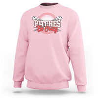 Light pink crewneck baseball sweatshirt with “Pitches Be Crazy” front graphic
