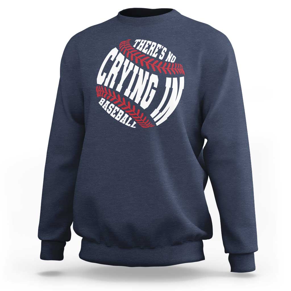 Navy crewneck sweatshirt with baseball graphic and red/white text logo