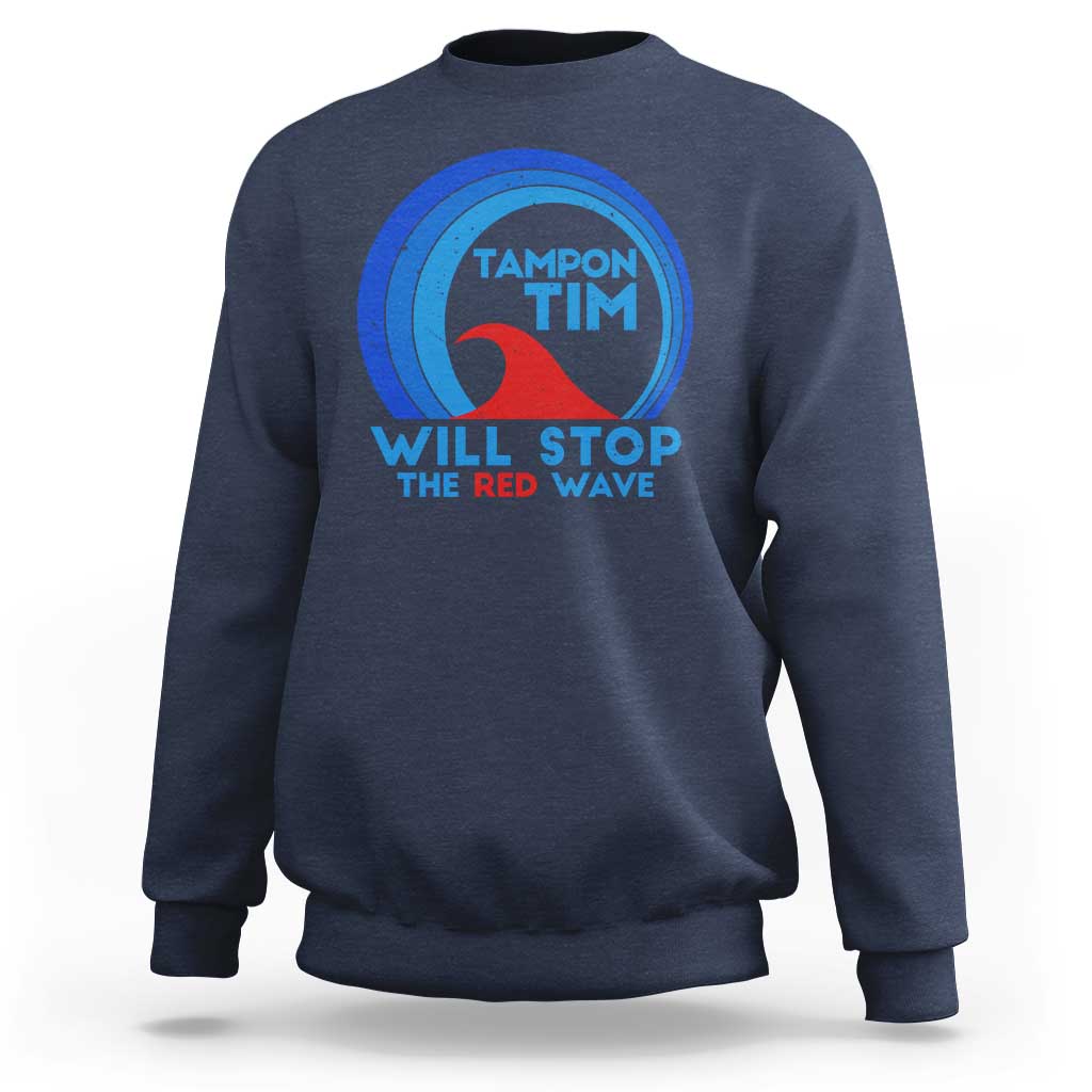 Navy crewneck sweatshirt with circular graphic and text “WILL STOP THE RED WAVE”.