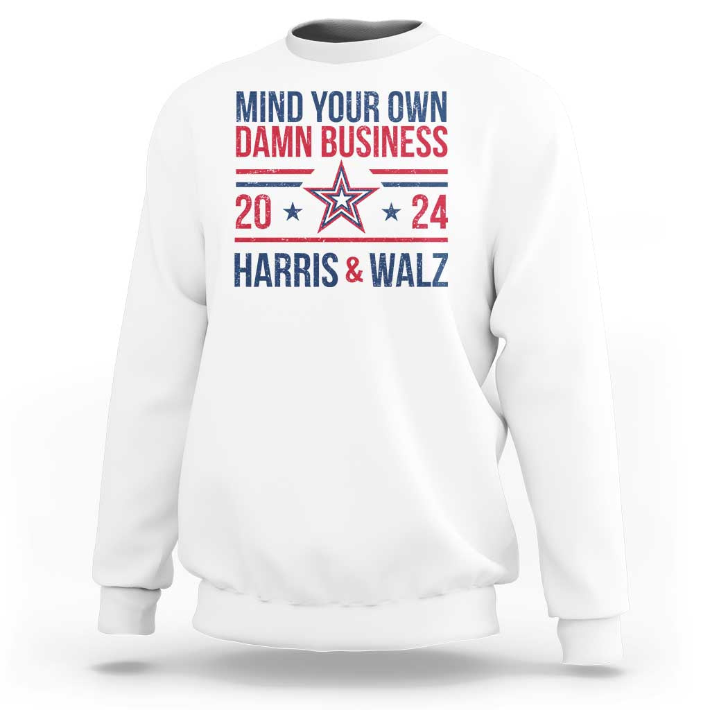 White crewneck sweatshirt with “Harris & Walz” graphic and 2024 star print