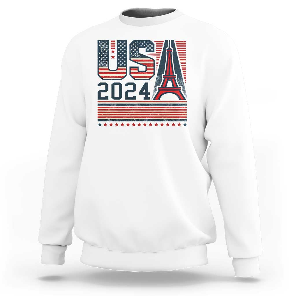 White sweatshirt with USA 2024 and Eiffel Tower graphic on the chest
