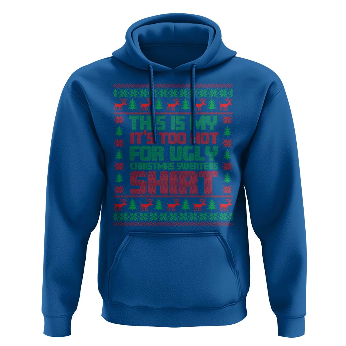Royal blue hoodie with festive holiday graphic, drawstring hood, and kangaroo pocket