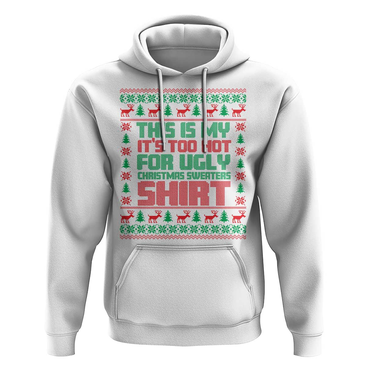 White hoodie with festive holiday graphic, drawstring hood, and kangaroo pocket