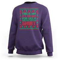 Purple Christmas sweatshirt with red/green 'Too Hot For Ugly Sweaters' graphic