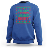 Royal blue Christmas sweatshirt with red/green 'Too Hot For Ugly Sweaters' graphic