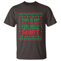 Dark brown Christmas T-shirt with red and green reindeer holiday graphic and slogan