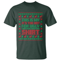 Dark forest green Christmas T-shirt with red and green reindeer holiday graphic and slogan