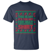 Navy Christmas T-shirt with red and green reindeer holiday graphic and slogan