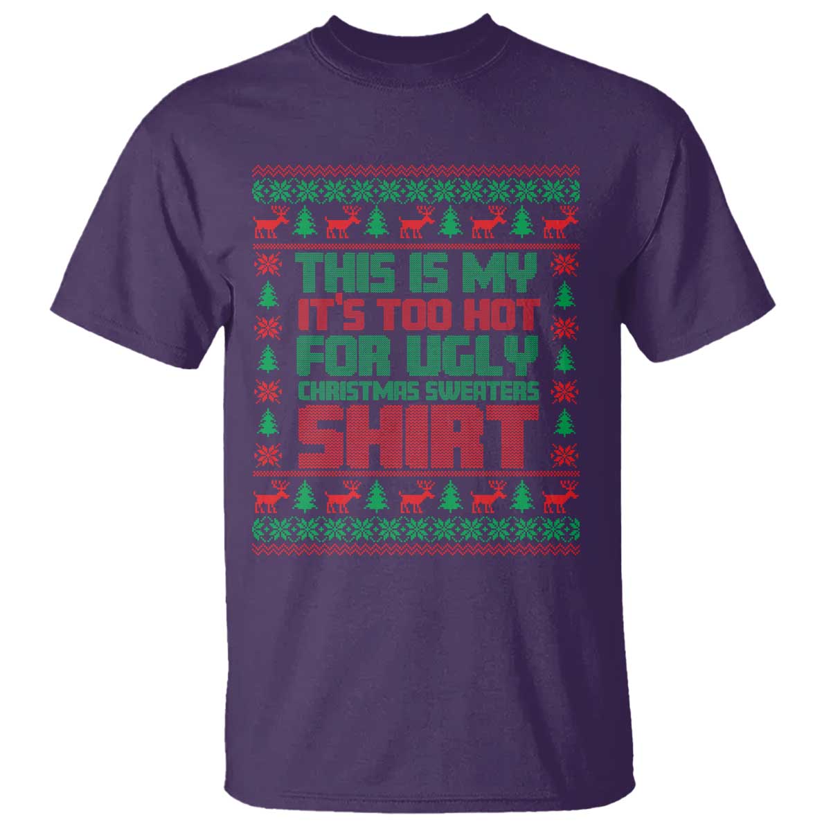 Purple Christmas T-shirt with red and green reindeer holiday graphic and slogan