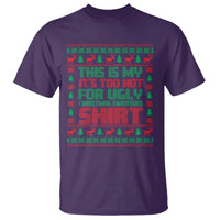 Purple Christmas T-shirt with red and green reindeer holiday graphic and slogan