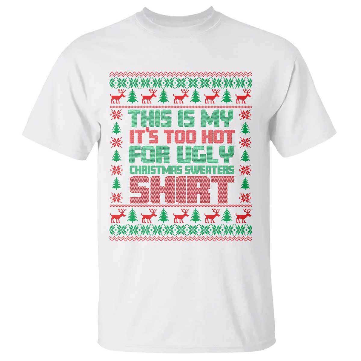 White Christmas T-shirt with red and green reindeer holiday graphic and slogan