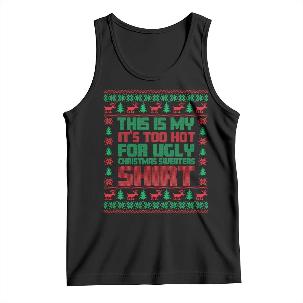 Black Christmas tank top with colorful ugly sweater graphic and text