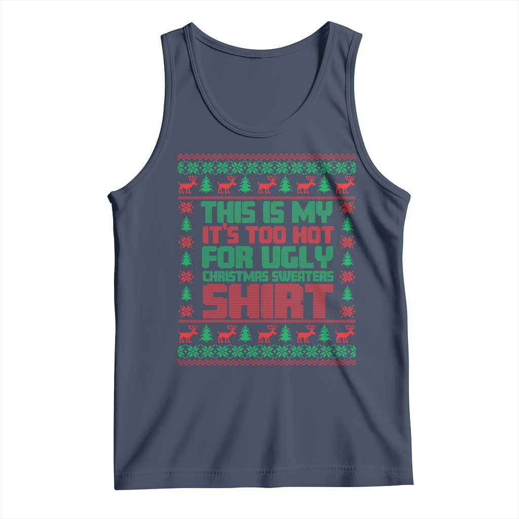 Navy Christmas tank top with festive graphic text and trees