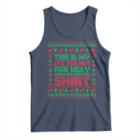 Navy Christmas tank top with festive graphic text and trees